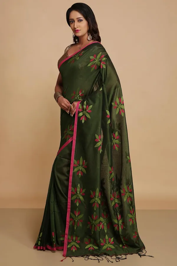 Olive_Green_Pure_Cotton_Handloom_Sarees_With_Blouse_Piece_For_Women