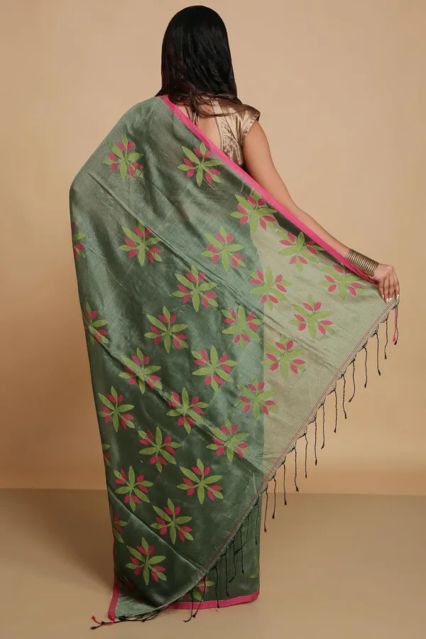 Moss_Green_Pure_Cotton_Handloom_Sarees_With_Blouse_Piece_For_Women