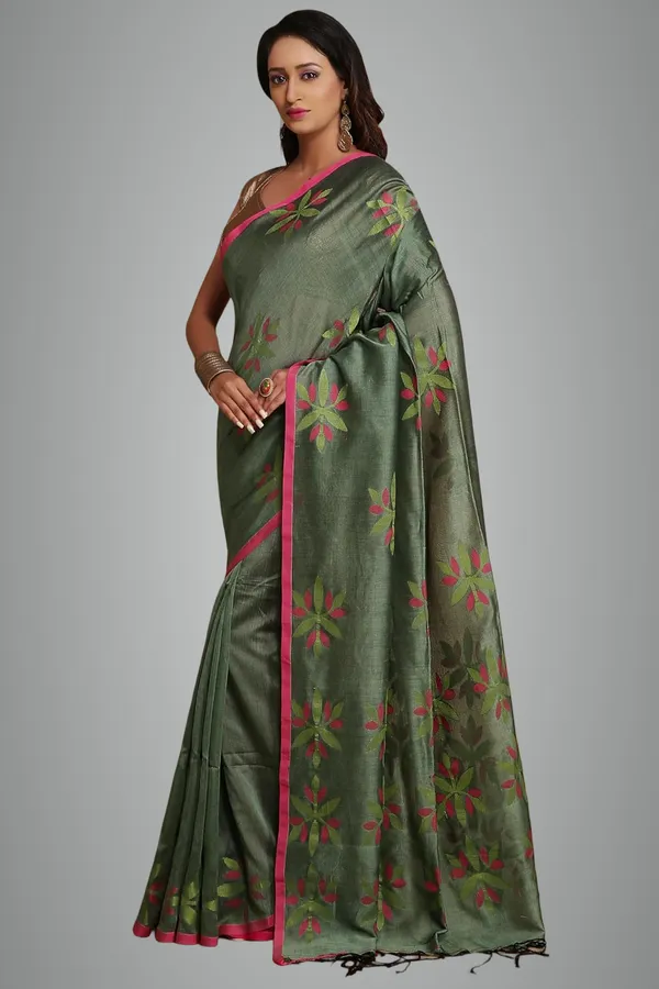 Moss_Green_Pure_Cotton_Handloom_Sarees_With_Blouse_Piece_For_Women