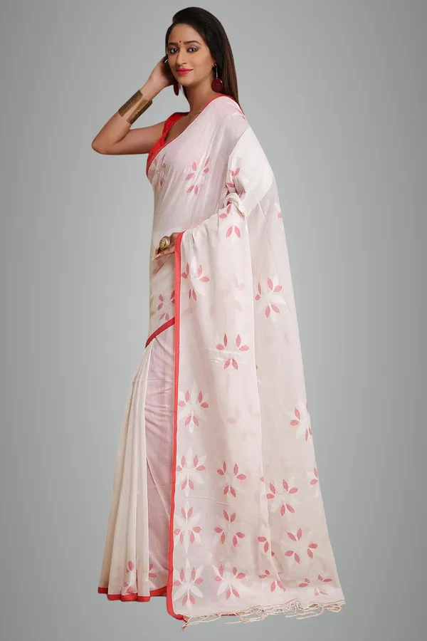 White_Pure_Cotton_Handloom_Sarees_With_Blouse_Piece_For_Women
