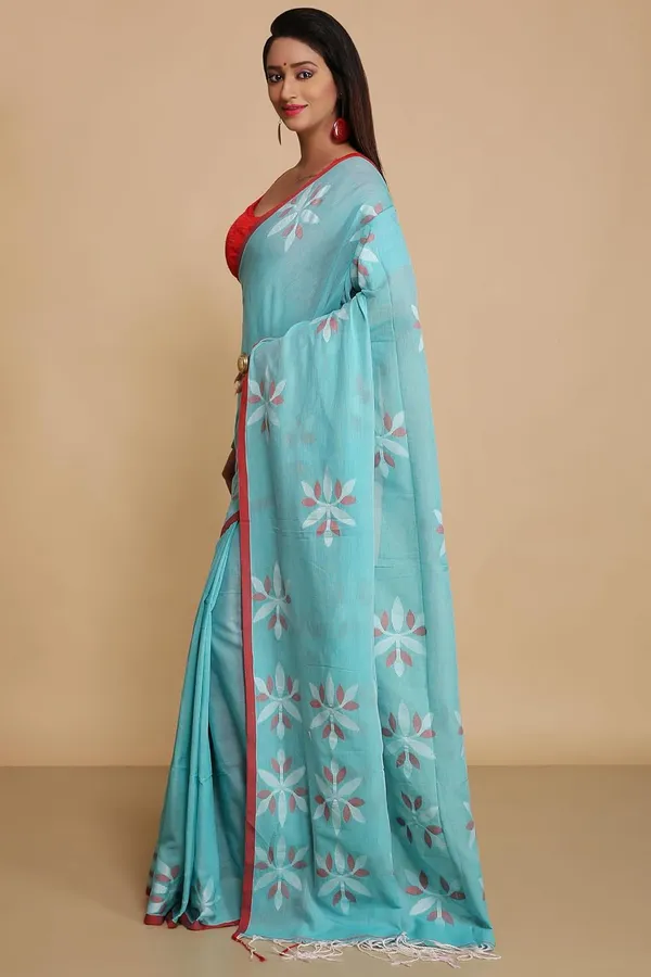 Sky_Blue_Pure_Cotton_Handloom_Sarees_With_Blouse_Piece_For_Women