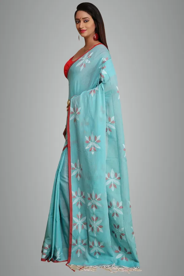 Sky_Blue_Pure_Cotton_Handloom_Sarees_With_Blouse_Piece_For_Women