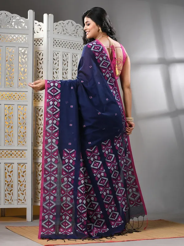 Blue_Bengal_Pure_Cotton_Saree_With_Blouse_Piece_For_Women