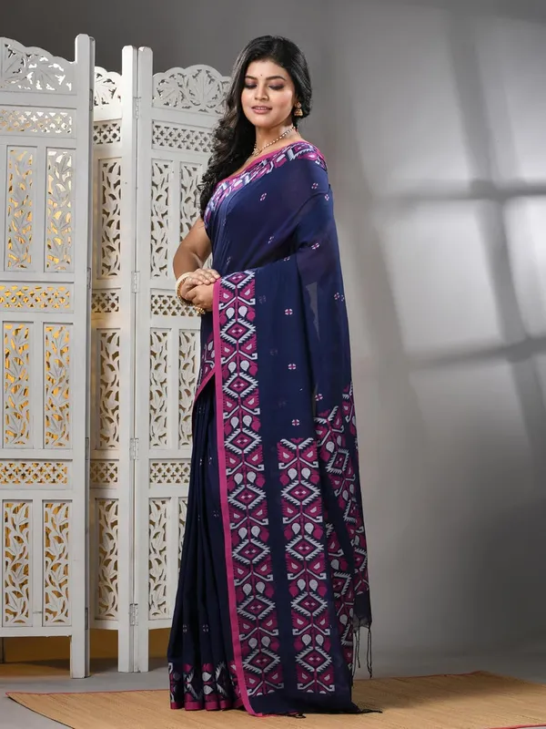Blue_Bengal_Pure_Cotton_Saree_With_Blouse_Piece_For_Women