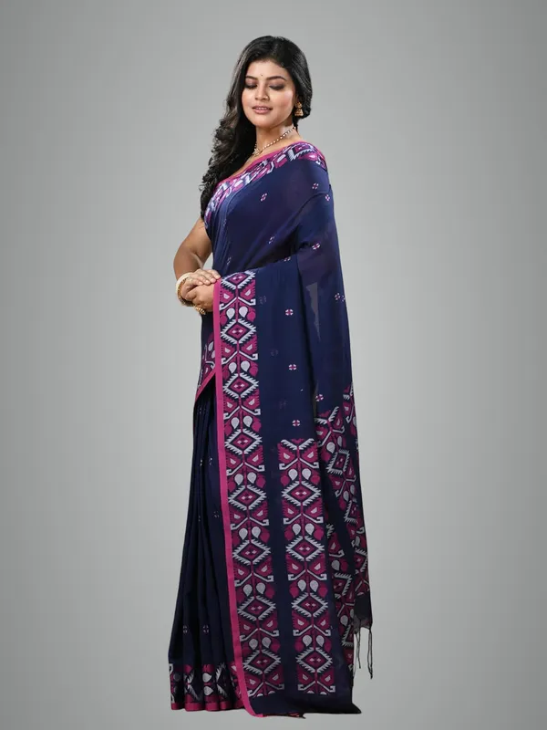 Blue_Bengal_Pure_Cotton_Saree_With_Blouse_Piece_For_Women