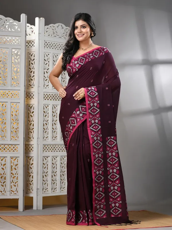 Magenta_Bengal_Pure_Cotton_Saree_With_Blouse_Piece_For_Women