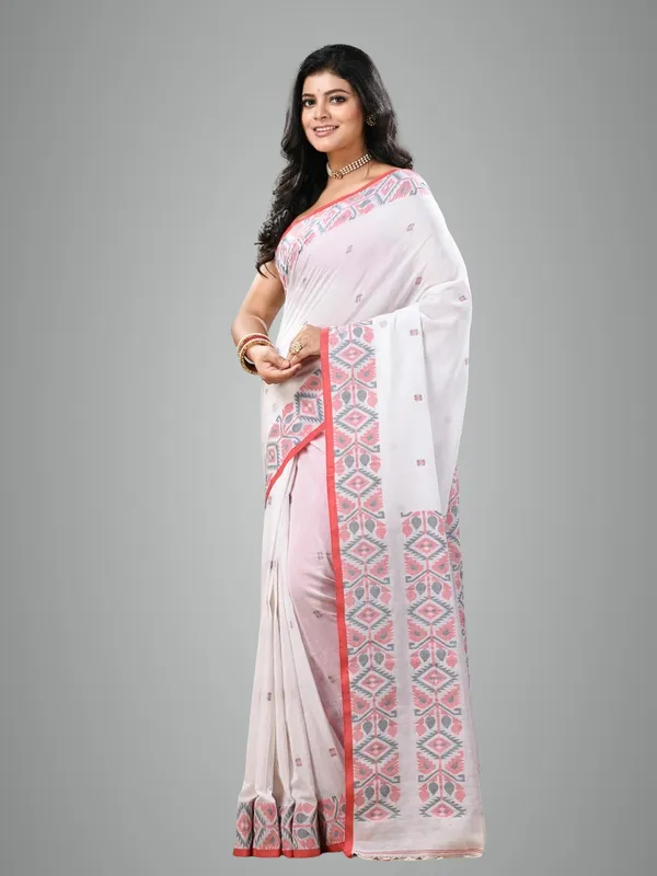 White_Bengal_Pure_Cotton_Saree_With_Blouse_Piece_For_Women