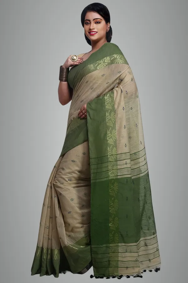 Beige_Woven_Handloom_Pure_Cotton_Silk_Saree_With_Blouse_Piece_For_Women