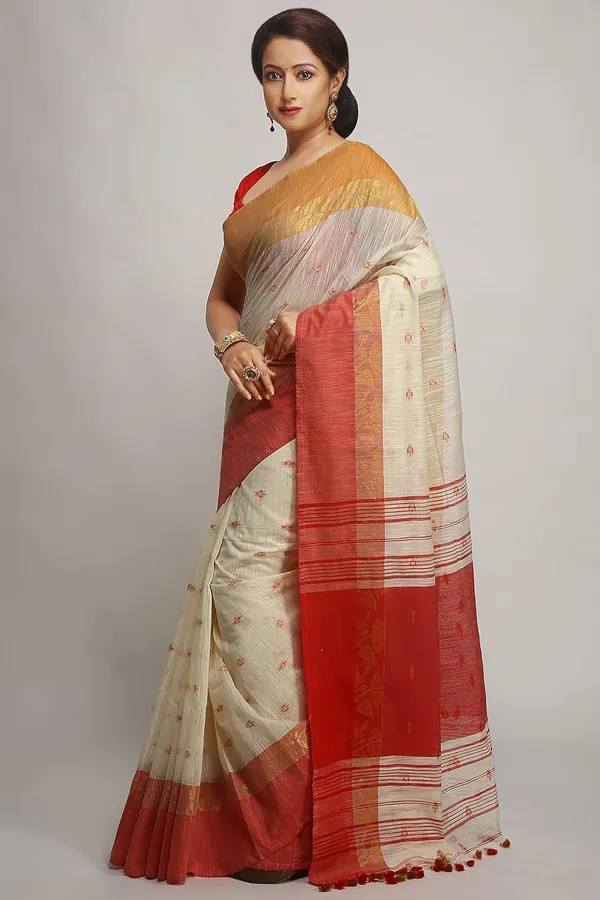 Off-White_&_Red_Yellow_Woven_Handloom_Pure_Cotton_Silk_Saree_With_Blouse_Piece_For_Women