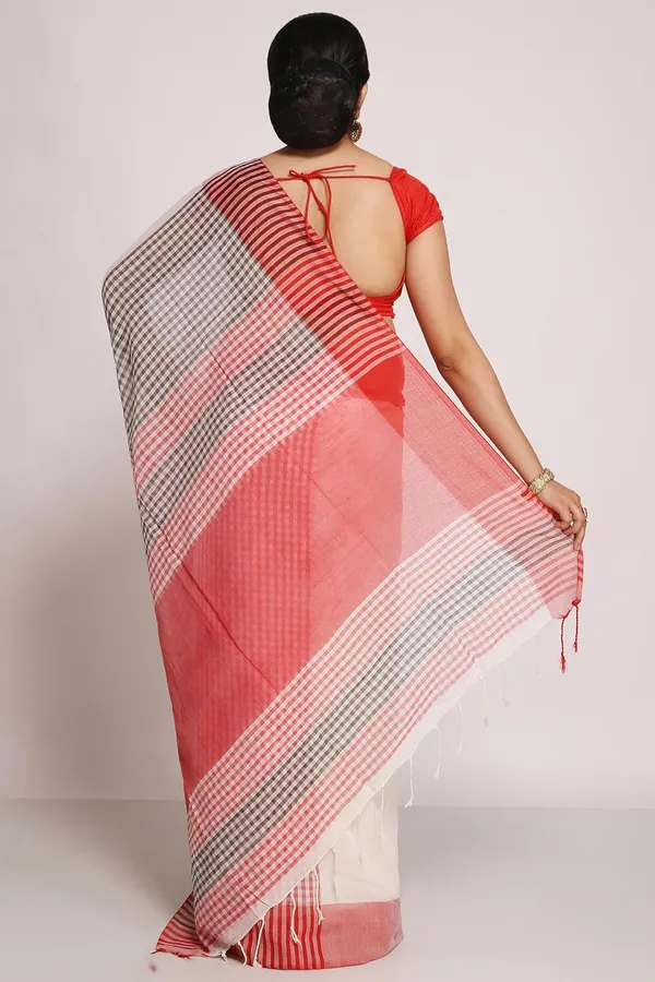 White_&_Red_Pure_Cotton_Saree_With_Checke_Designs_For_Women