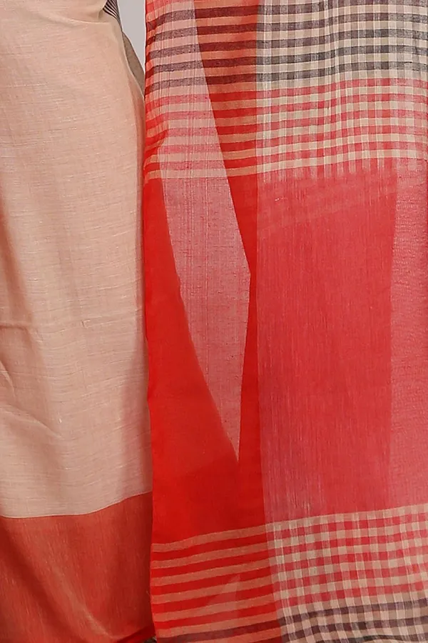 Beige_&_Red_Pure_Cotton_Saree_With_Checke_Designs_For_Women