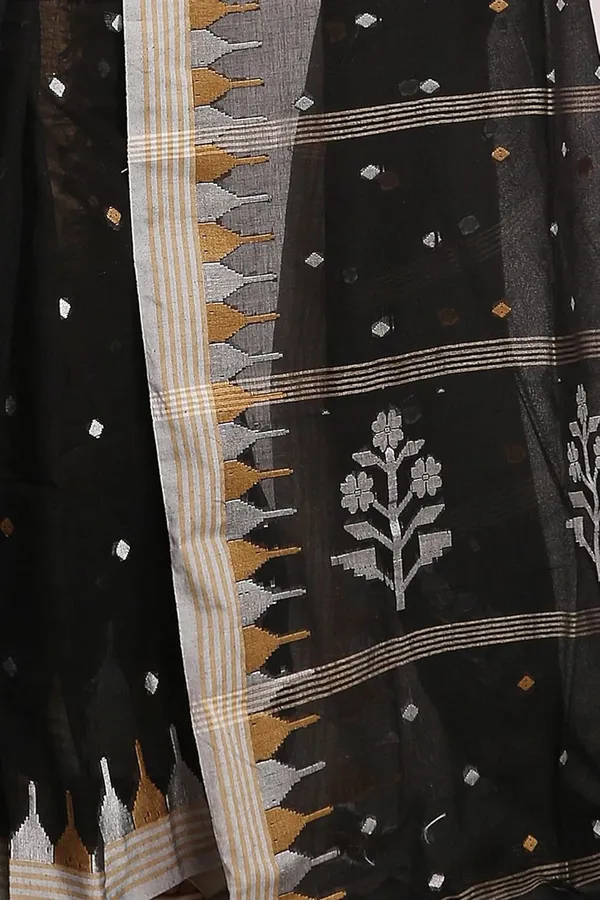 Black_Pure_Cotton_Saree_Cotton_Thread_Work_With_Blouse_Piece_For_Women