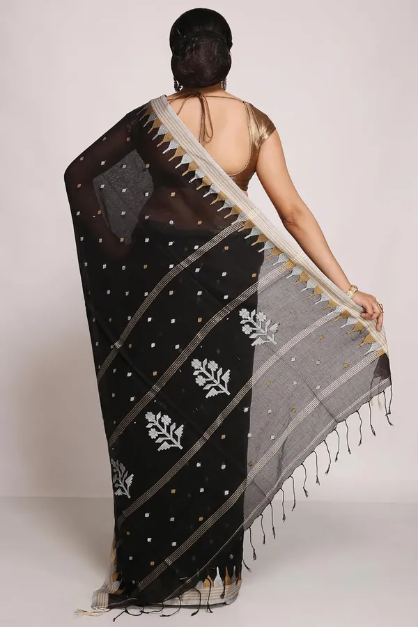 Black_Pure_Cotton_Saree_Cotton_Thread_Work_With_Blouse_Piece_For_Women