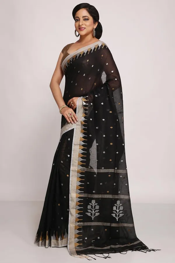 Black_Pure_Cotton_Saree_Cotton_Thread_Work_With_Blouse_Piece_For_Women