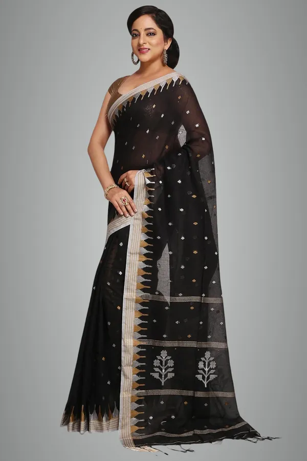 Black_Pure_Cotton_Saree_Cotton_Thread_Work_With_Blouse_Piece_For_Women