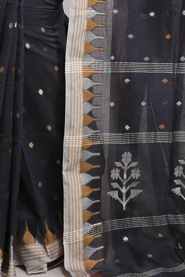 Black_Pure_Cotton_Saree_Cotton_Thread_Work_With_Blouse_Piece_For_Women