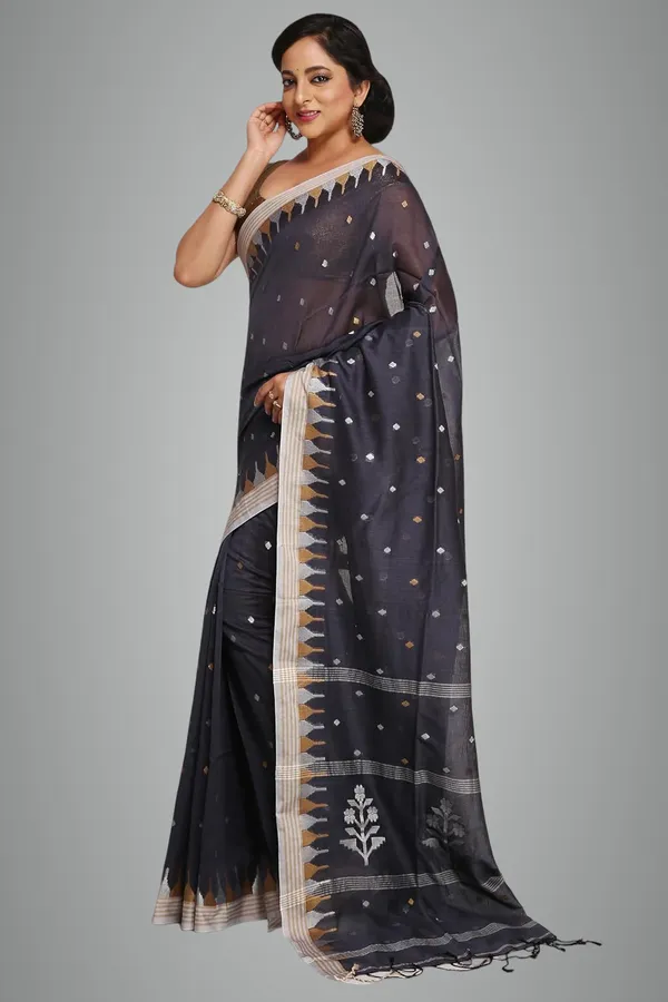 Black_Pure_Cotton_Saree_Cotton_Thread_Work_With_Blouse_Piece_For_Women
