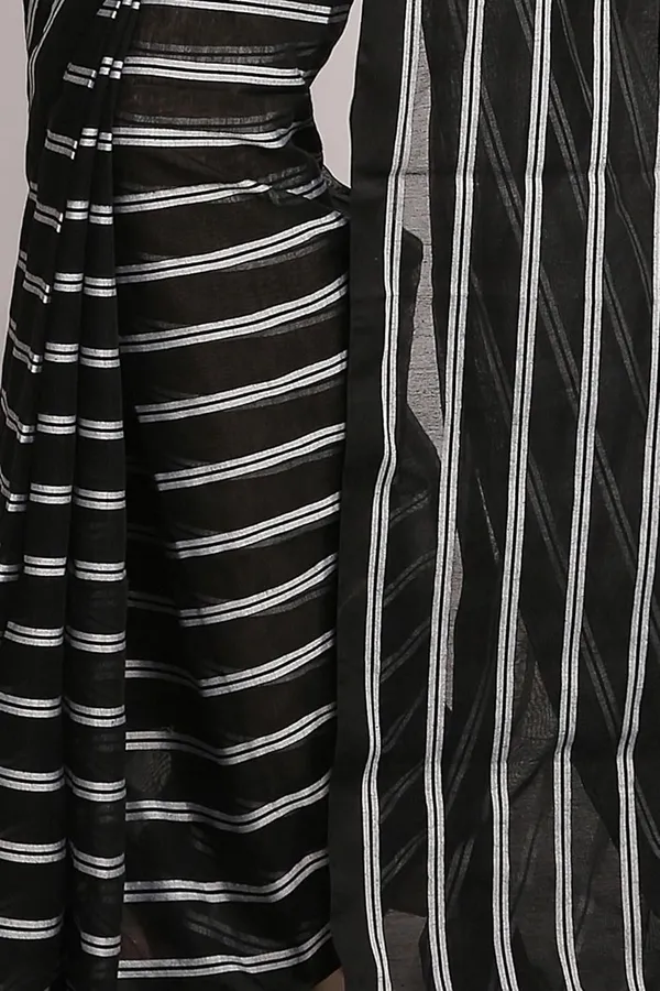 Black_Cotton_Silk_Saree_With_Striped_Design_For_Women