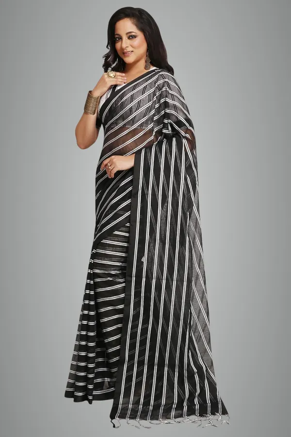 Black_Cotton_Silk_Saree_With_Striped_Design_For_Women