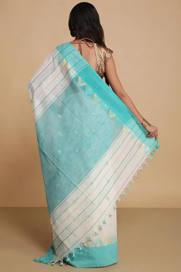 Off-White_&_Sea_Green_Woven_Handloom_Pure_Cotton_Silk_Saree_With_Solid_Border_With_Blouse_Piece_For_Women
