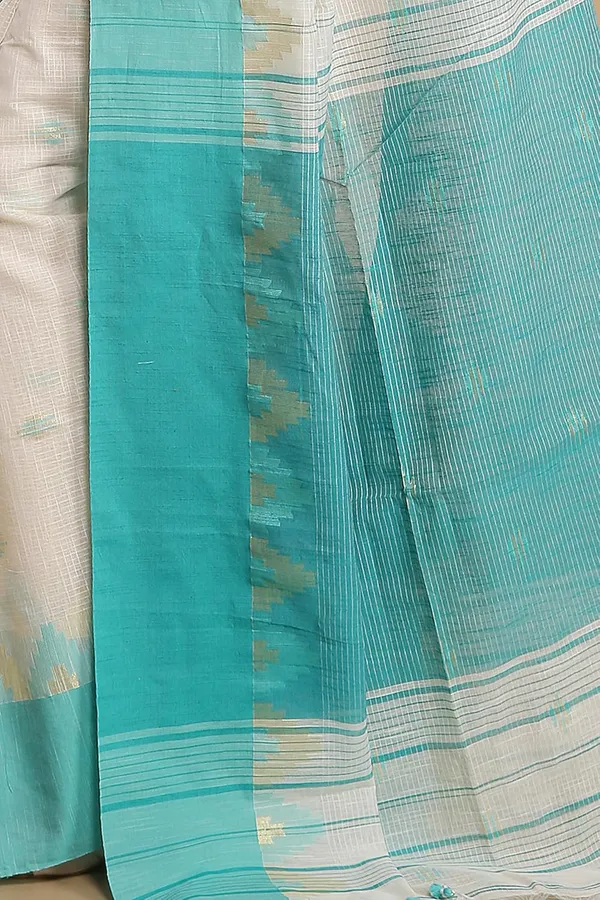 Off-White_&_Sea_Green_Woven_Handloom_Pure_Cotton_Silk_Saree_With_Solid_Border_With_Blouse_Piece_For_Women