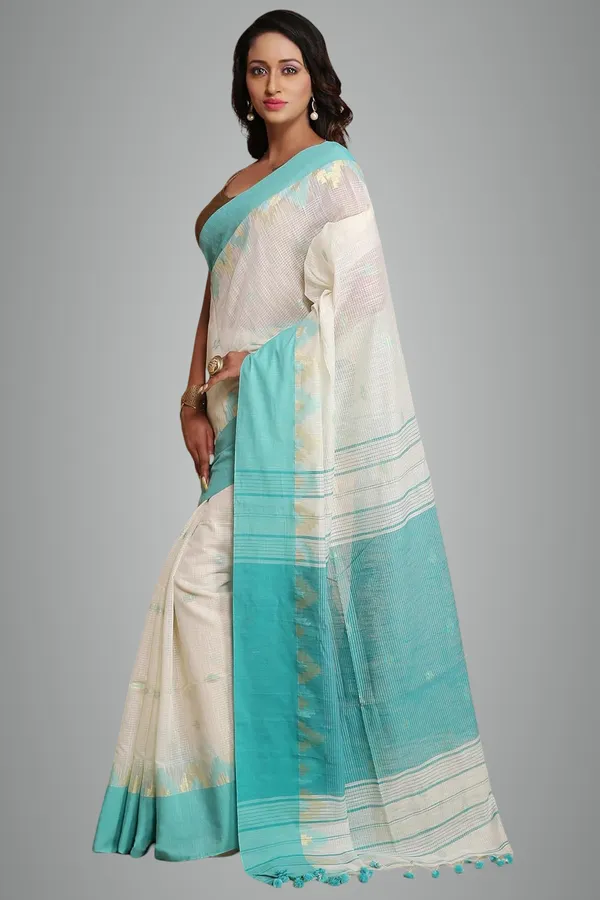 Off-White_&_Sea_Green_Woven_Handloom_Pure_Cotton_Silk_Saree_With_Solid_Border_With_Blouse_Piece_For_Women