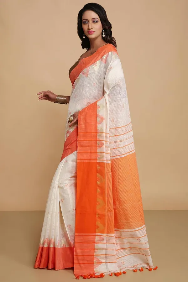 Orange_&_White_Woven_Handloom_Pure_Cotton_Silk_Saree_With_Solid_Border_With_Blouse_Piece_For_Women