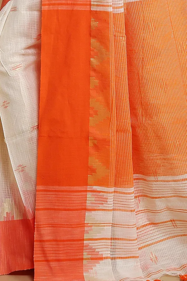 Orange_&_White_Woven_Handloom_Pure_Cotton_Silk_Saree_With_Solid_Border_With_Blouse_Piece_For_Women