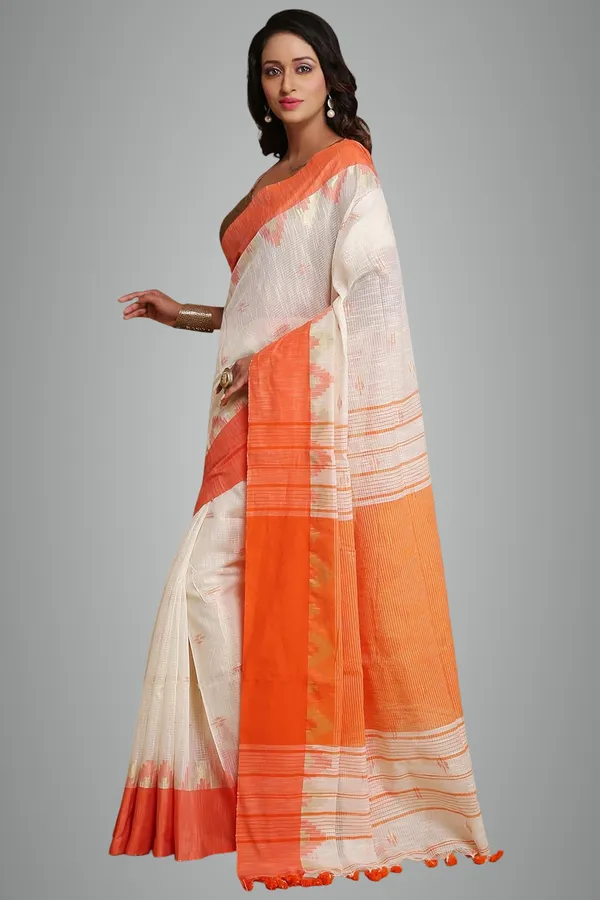 Orange_&_White_Woven_Handloom_Pure_Cotton_Silk_Saree_With_Solid_Border_With_Blouse_Piece_For_Women