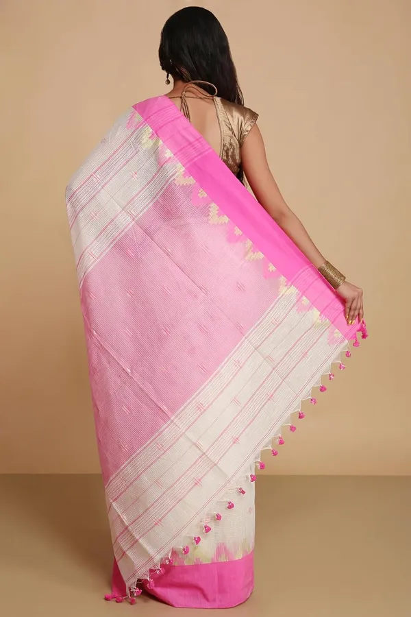 Off-White_&_Pink_Woven_Handloom_Pure_Cotton_Silk_Saree_With_Solid_Border_With_Blouse_Piece_For_Women