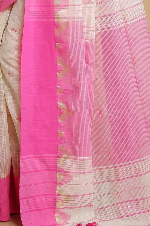 Off-White_&_Pink_Woven_Handloom_Pure_Cotton_Silk_Saree_With_Solid_Border_With_Blouse_Piece_For_Women