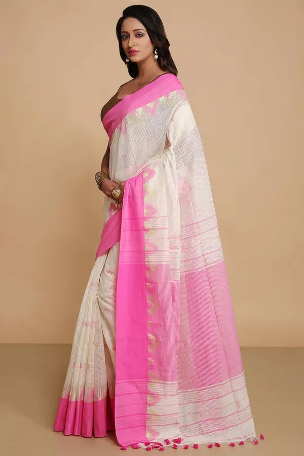 Off-White_&_Pink_Woven_Handloom_Pure_Cotton_Silk_Saree_With_Solid_Border_With_Blouse_Piece_For_Women