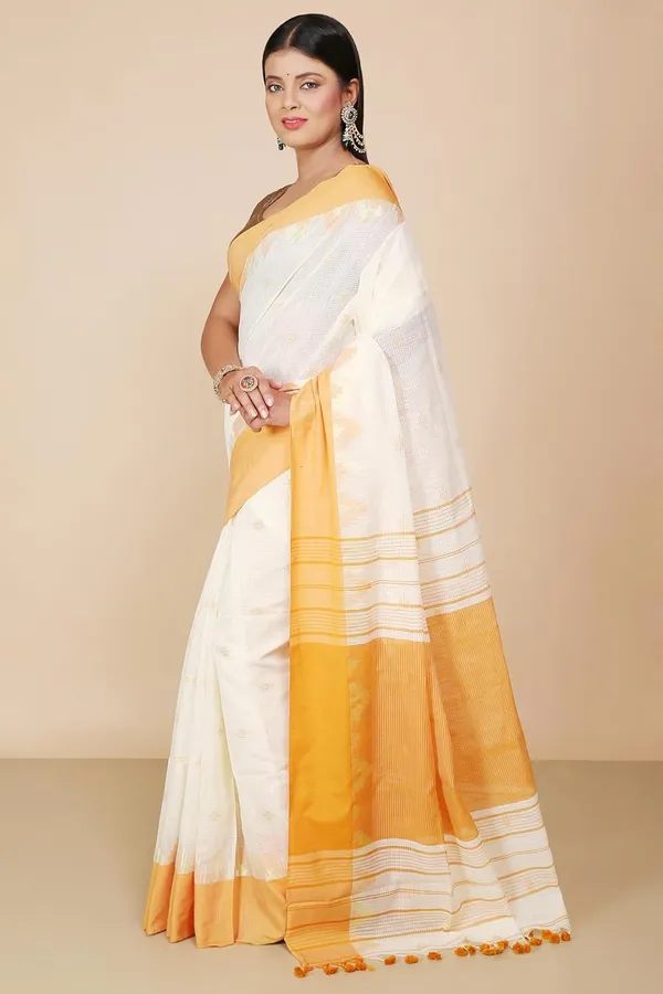 Off-White_&_Mustard_Yellow_Woven_Handloom_Pure_Cotton_Silk_Saree_With_Solid_Border_With_Blouse_Piece_For_Women