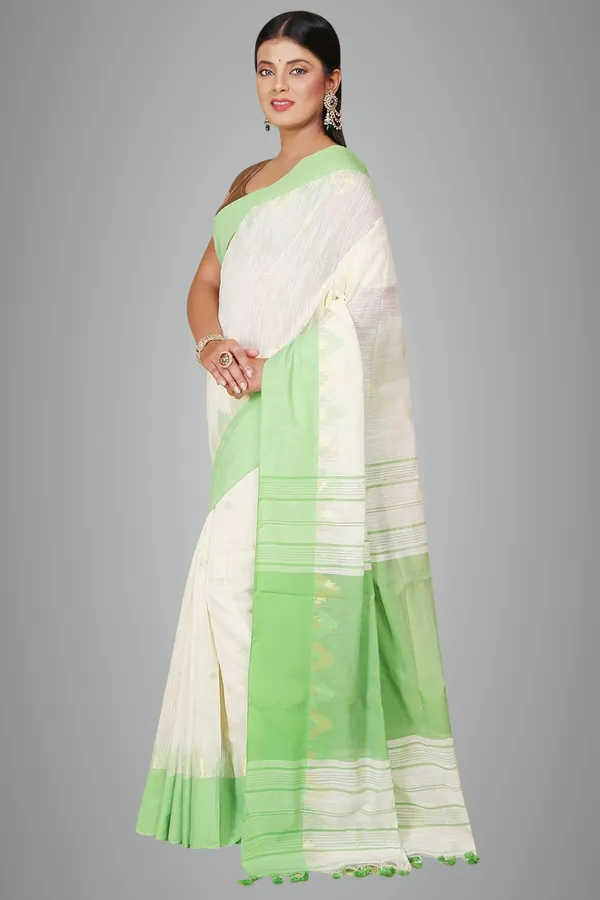 Off-White_&_Green_Woven_Handloom_Pure_Cotton_Silk_Saree_With_Solid_Border_With_Blouse_Piece_For_Women