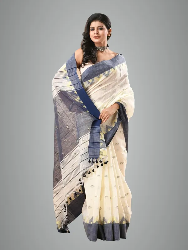 Off-White_&_Blue_Woven_Handloom_Pure_Cotton_Silk_Saree_With_Solid_Border_With_Blouse_Piece_For_Women