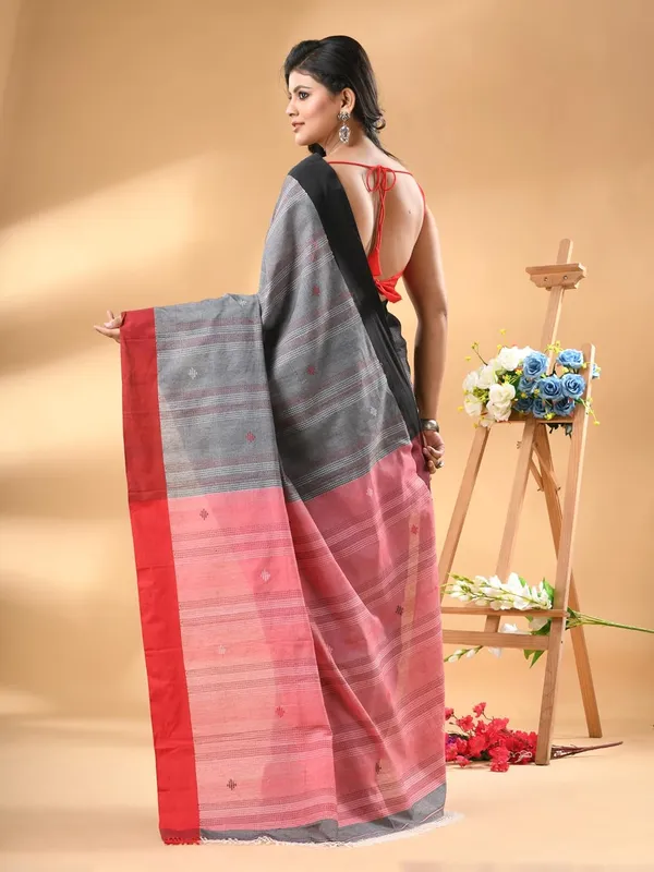 Grey_Pure_Cotton_Kantha_Work_Saree_With_Blouse_Piece_For_Women