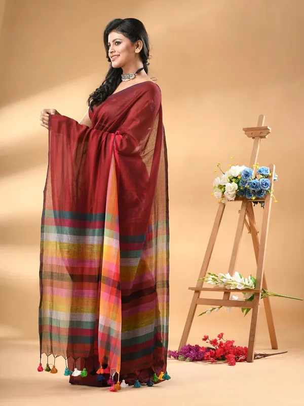 Maroon_Soft_Plain_Stripe_Weaving_Premium_Pure_Cotton_Saree_For_Women