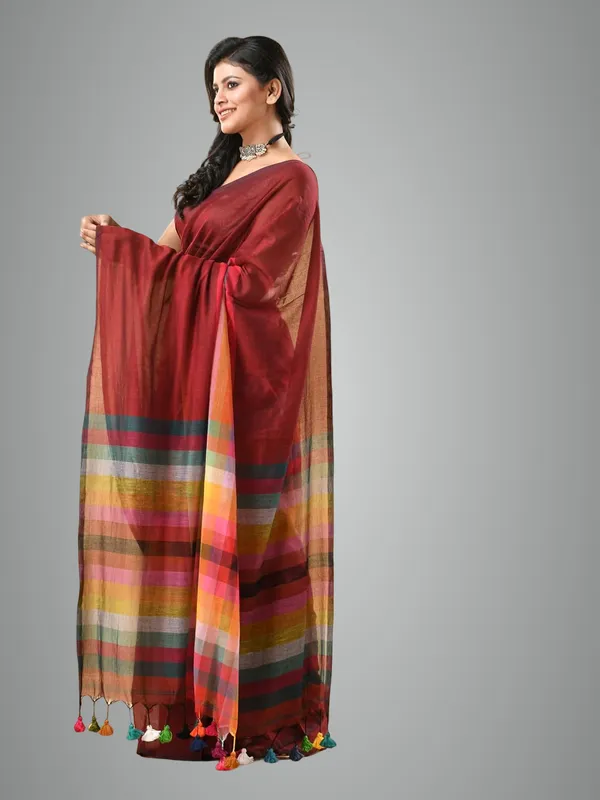 Maroon_Soft_Plain_Stripe_Weaving_Premium_Pure_Cotton_Saree_For_Women