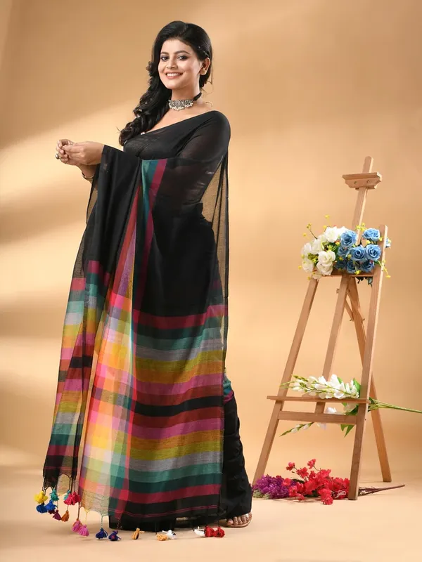Black_Soft_Plain_Stripe_Weaving_Premium_Pure_Cotton_Saree_For_Women