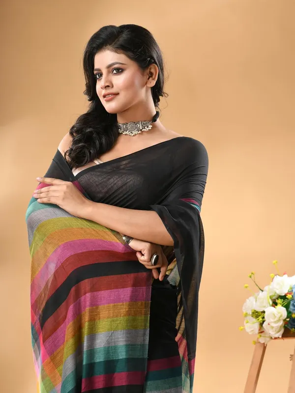 Black_Soft_Plain_Stripe_Weaving_Premium_Pure_Cotton_Saree_For_Women