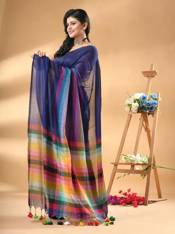 Blue_Soft_Plain_Stripe_Weaving_Premium_Pure_Cotton_Saree_For_Women