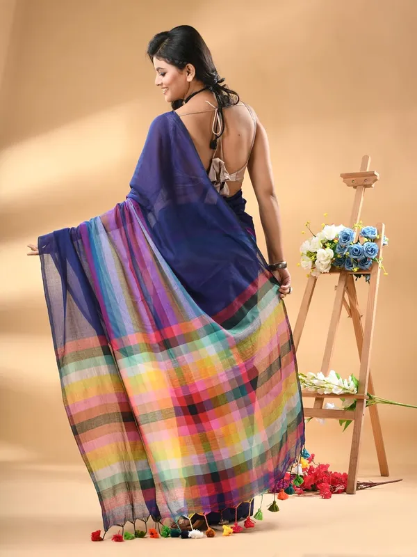 Blue_Soft_Plain_Stripe_Weaving_Premium_Pure_Cotton_Saree_For_Women