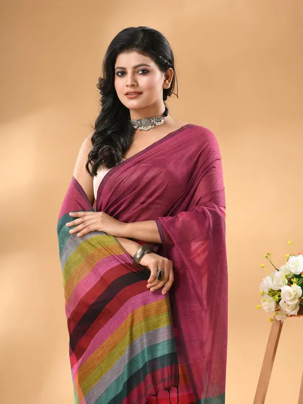 Magenta_Soft_Plain_Stripe_Weaving_Premium_Pure_Cotton_Saree_For_Women