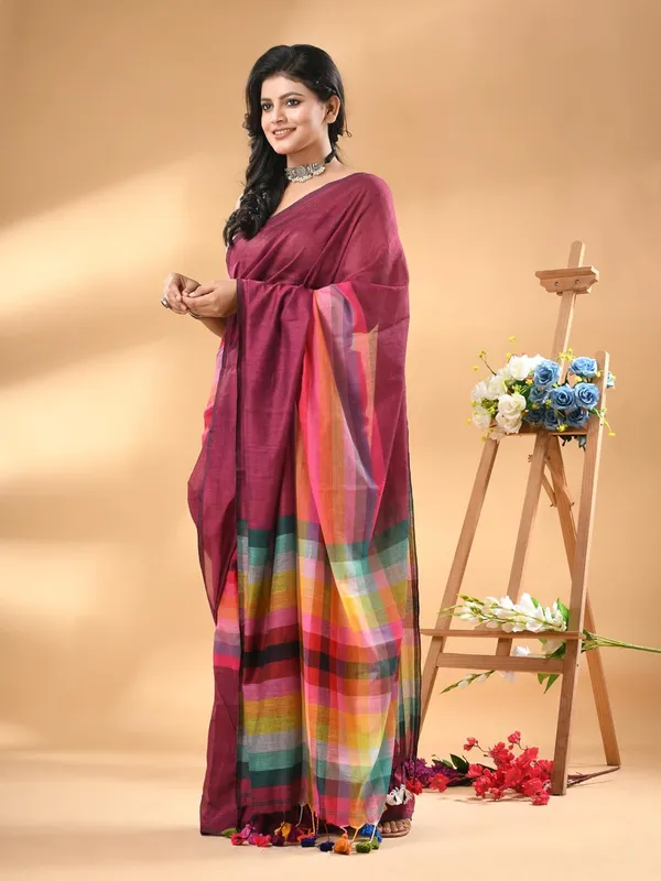 Magenta_Soft_Plain_Stripe_Weaving_Premium_Pure_Cotton_Saree_For_Women