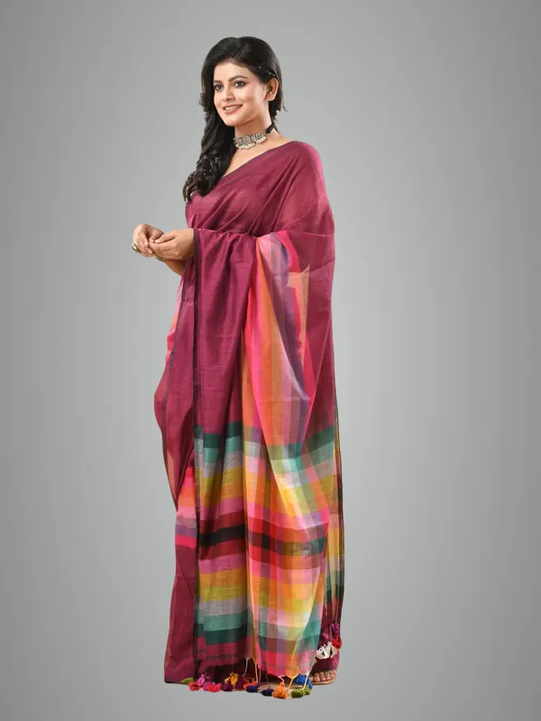 Magenta_Soft_Plain_Stripe_Weaving_Premium_Pure_Cotton_Saree_For_Women