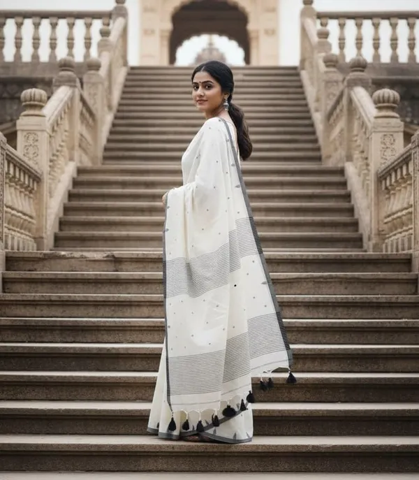 White_Pure_Cotton_Saree_With_Needle_Weaving_Running_Blouse_Piece_For_Women