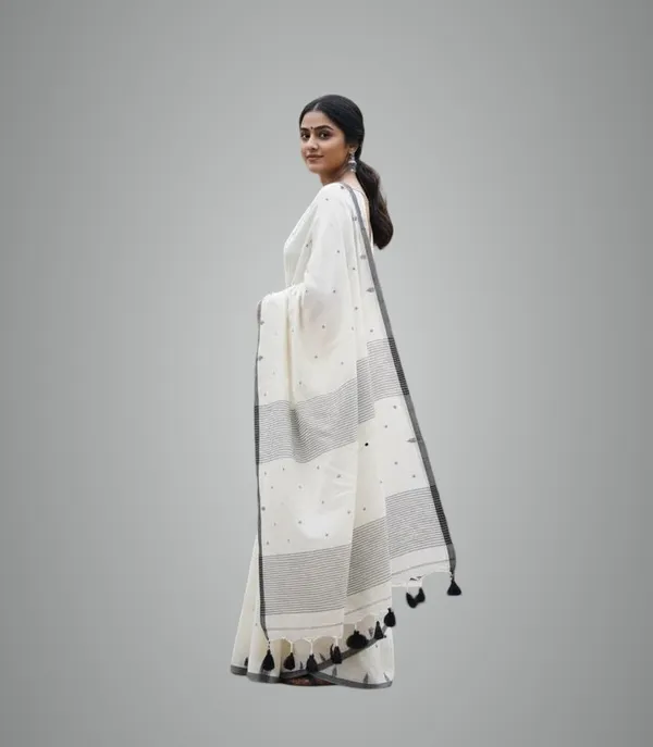 White_Pure_Cotton_Saree_With_Needle_Weaving_Running_Blouse_Piece_For_Women