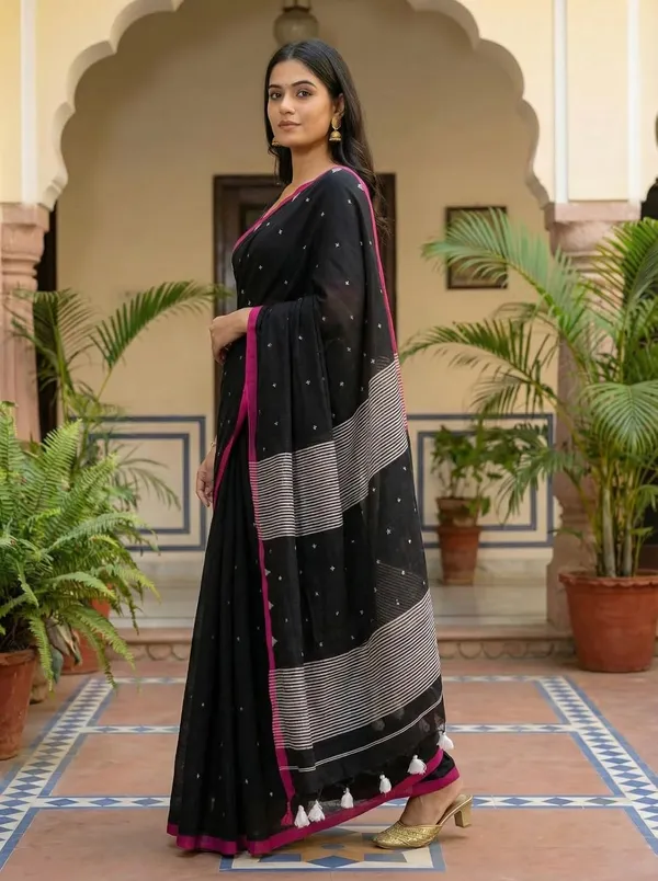 Black_Pure_Cotton_Saree_With_Needle_Weaving_Running_Blouse_Piece_For_Women
