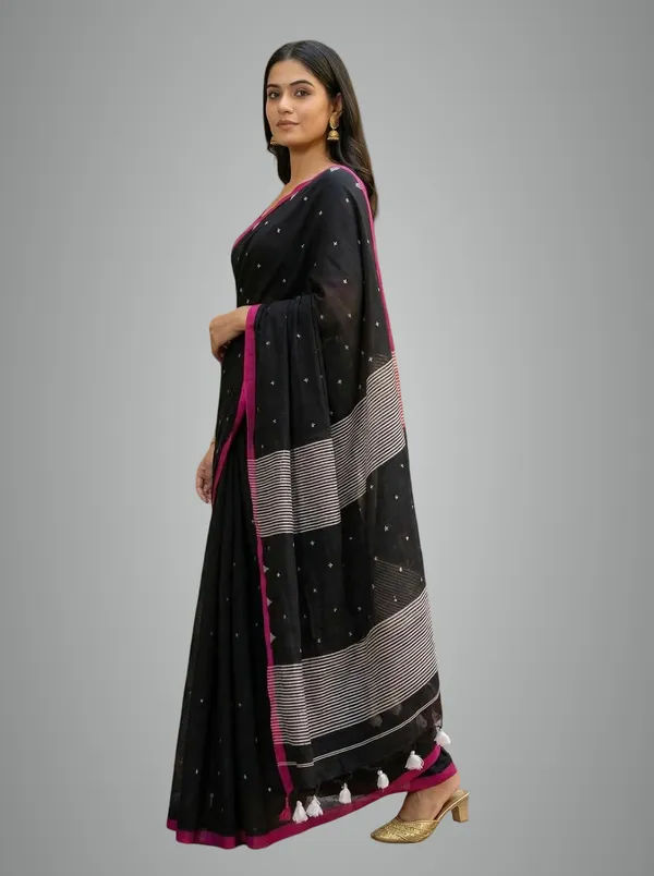 Black_Pure_Cotton_Saree_With_Needle_Weaving_Running_Blouse_Piece_For_Women