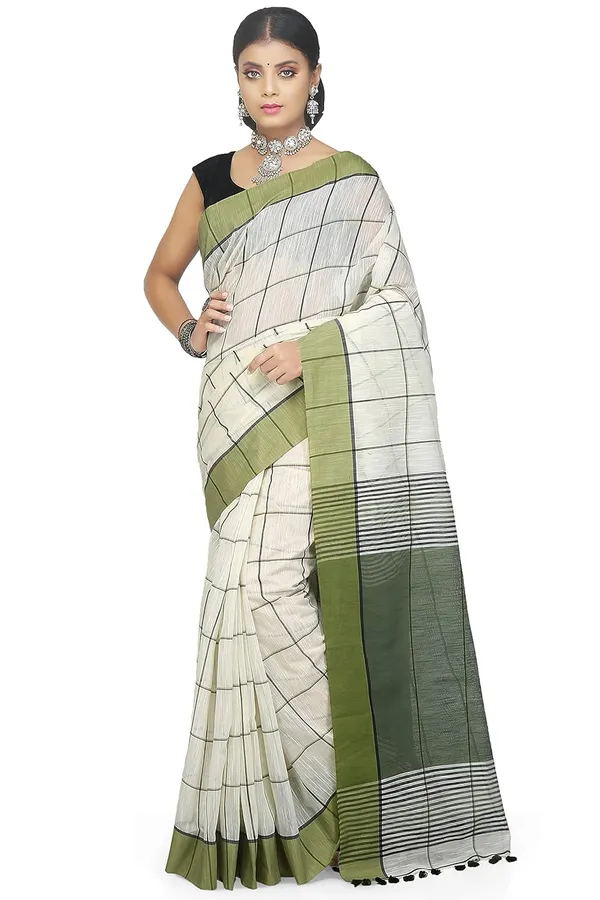 Dark_Green_Handloom_Checke_Pure_Cotton_Silk_Blend_Saree_For_Women